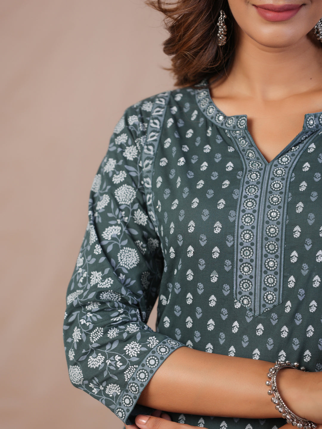 Green Color Pure Cotton Floral Printed Round Neck Kurta Set