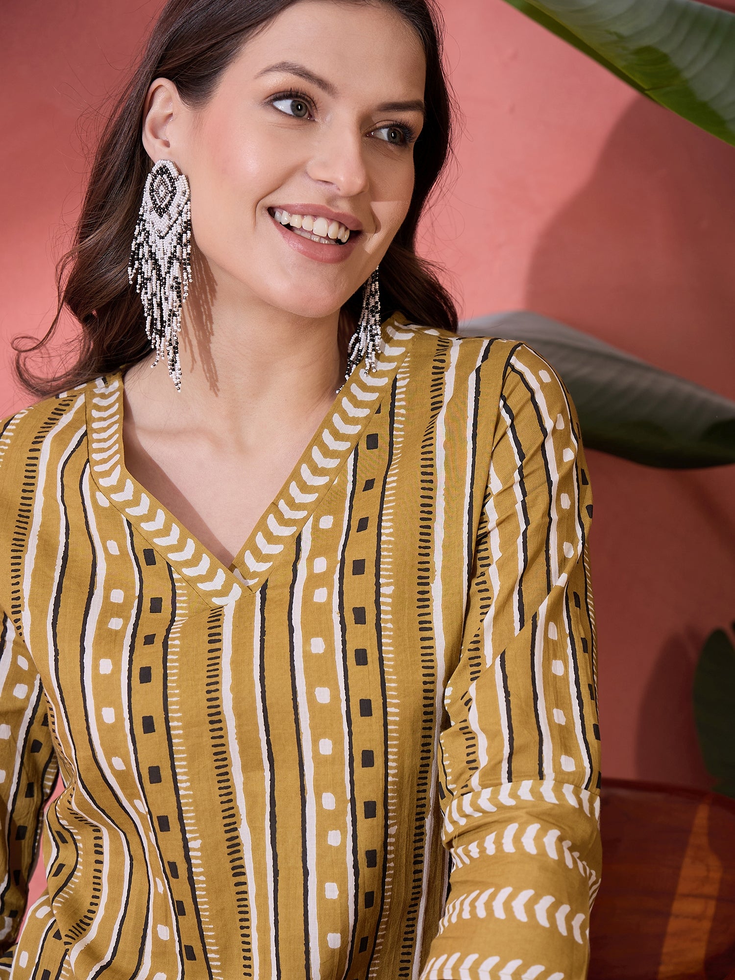 Green Geometric Print Cotton Kurat