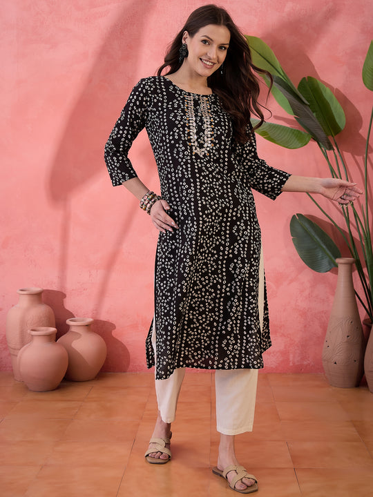 Black Printed Round Neck Cotton Kurta