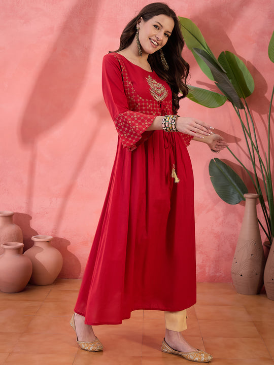 Red Round Neck Cotton Kurta for Women