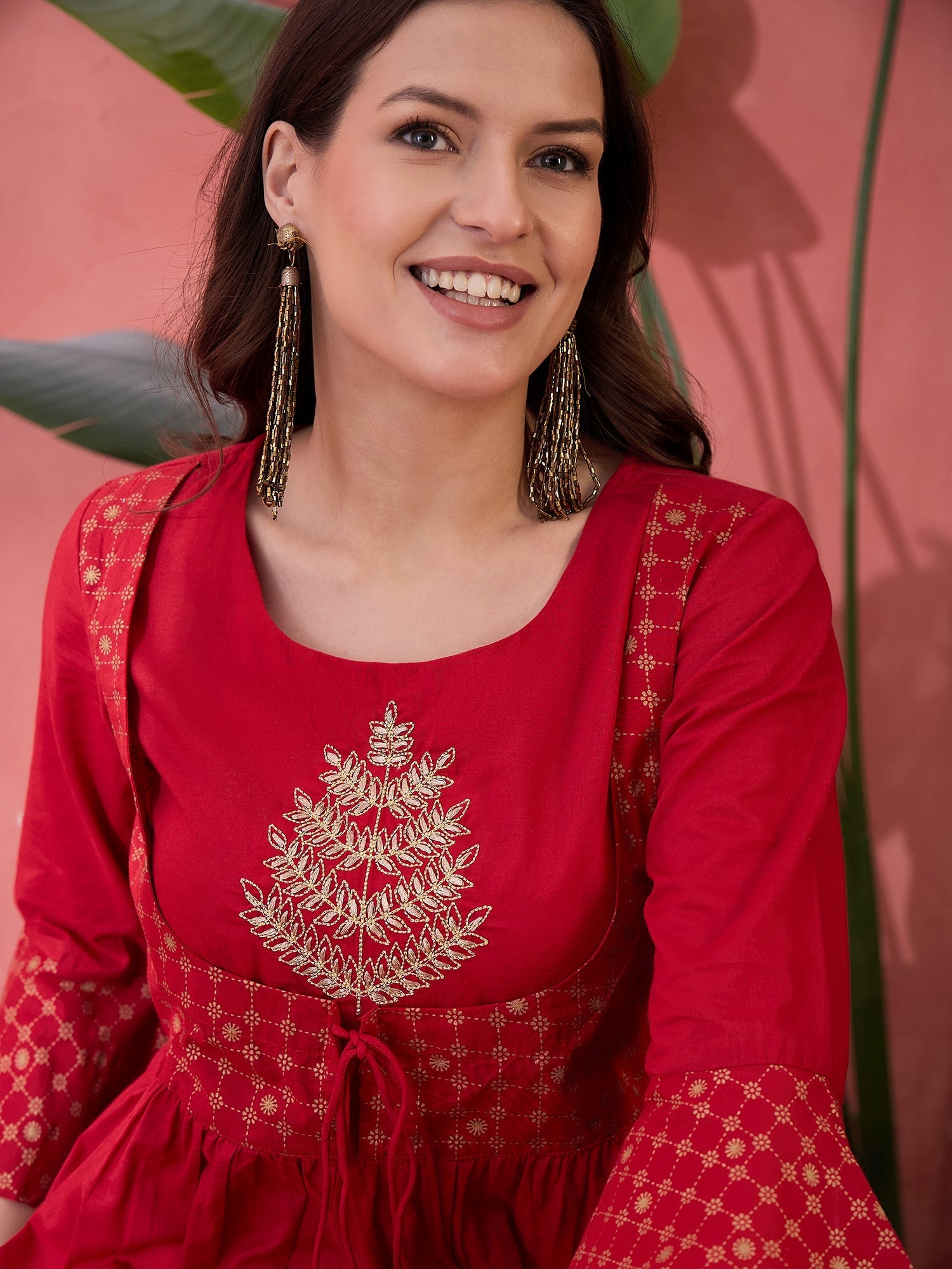 Red Round Neck Cotton Kurta for Women - SanskrutiHomes 