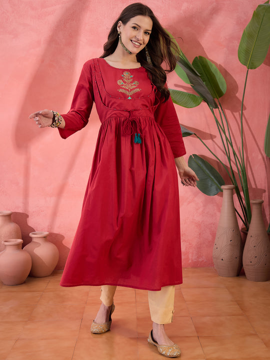 Red Solid Print Cotton Kurta for Women