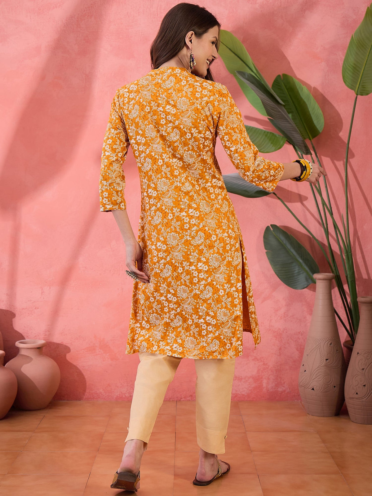 Mustard Printed Cotton Kurta For Women