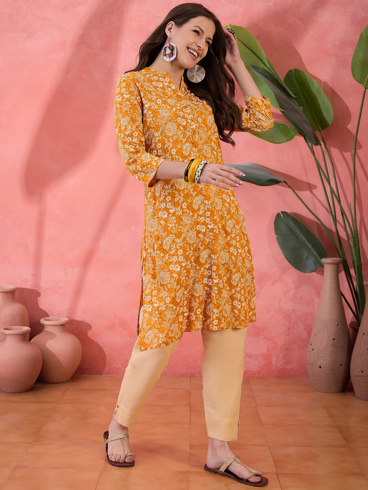 Mustard Printed Cotton Kurta For Women
