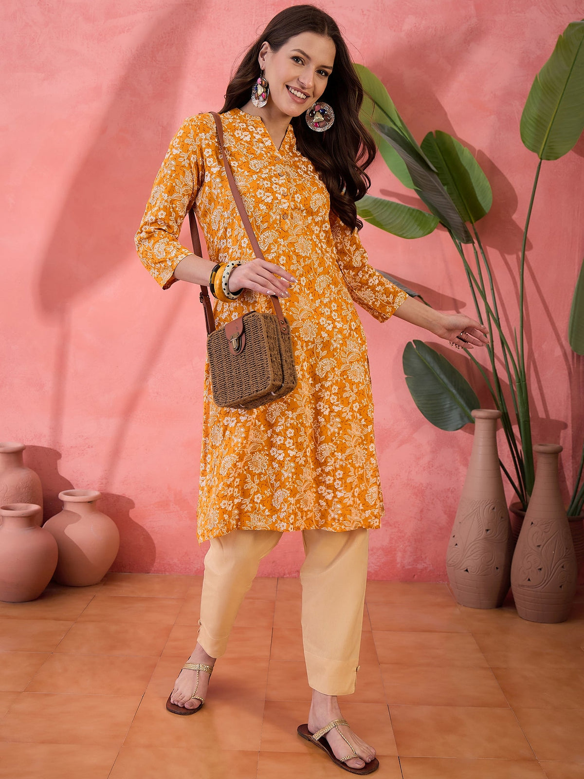 Mustard Printed Cotton Kurta For Women