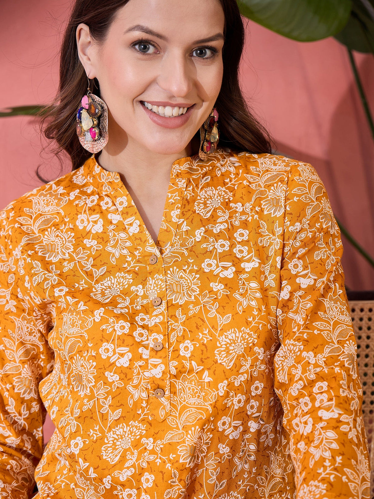 Mustard Printed Cotton Kurta For Women