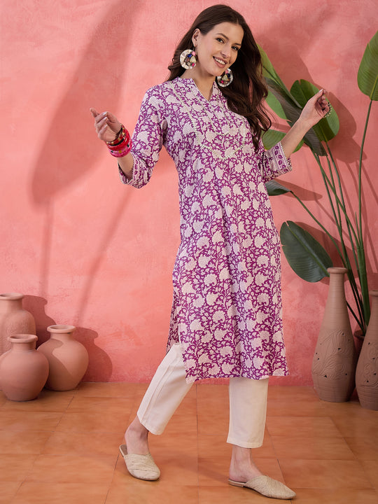 Purple Floral Printed Cotton Kurta for Women