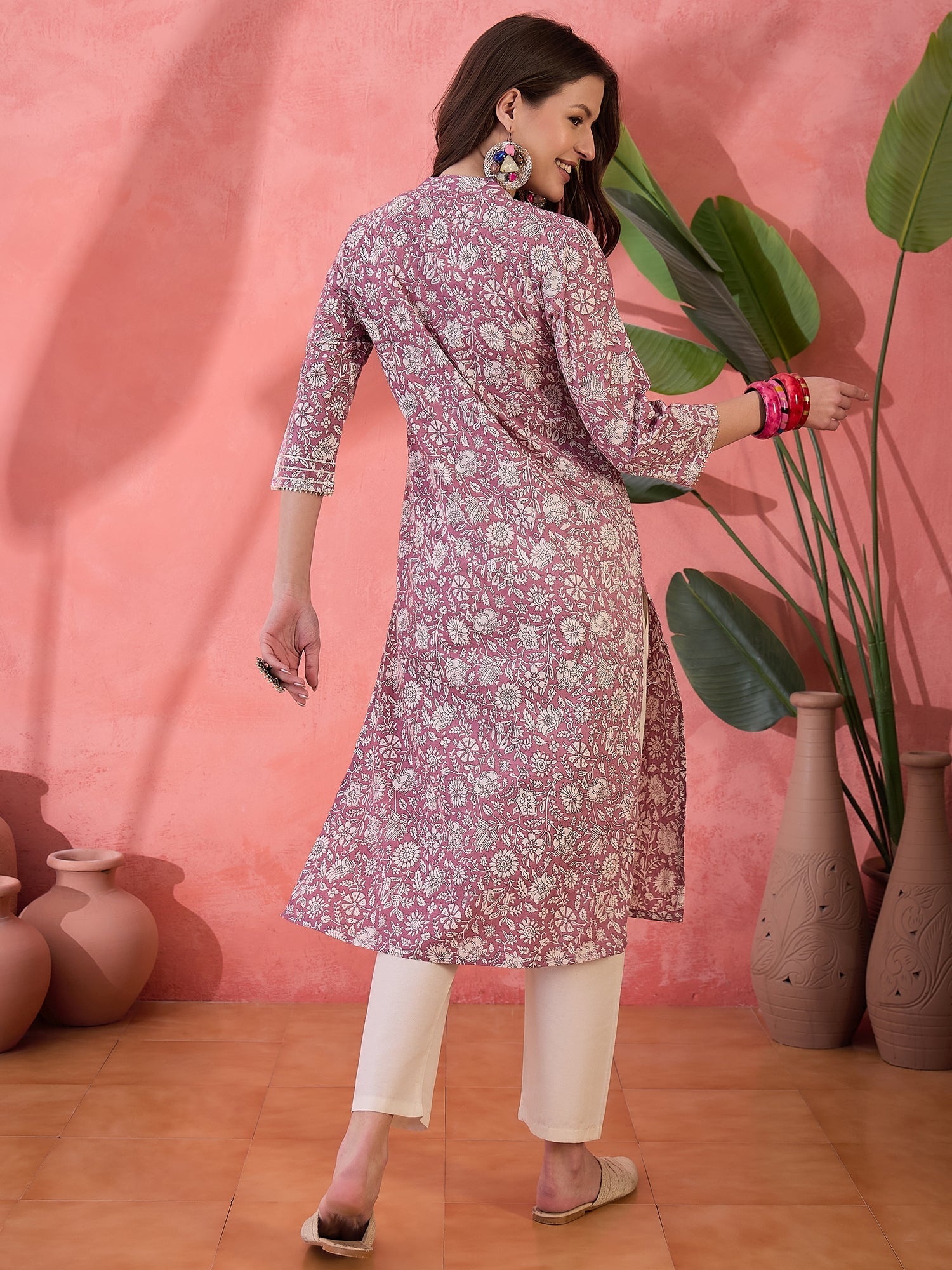 Mauve V-Neck Printed Kurta for Women - SanskrutiHomes 