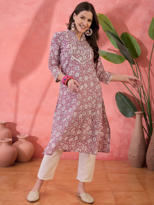 Mauve V-Neck Printed Kurta for Women
