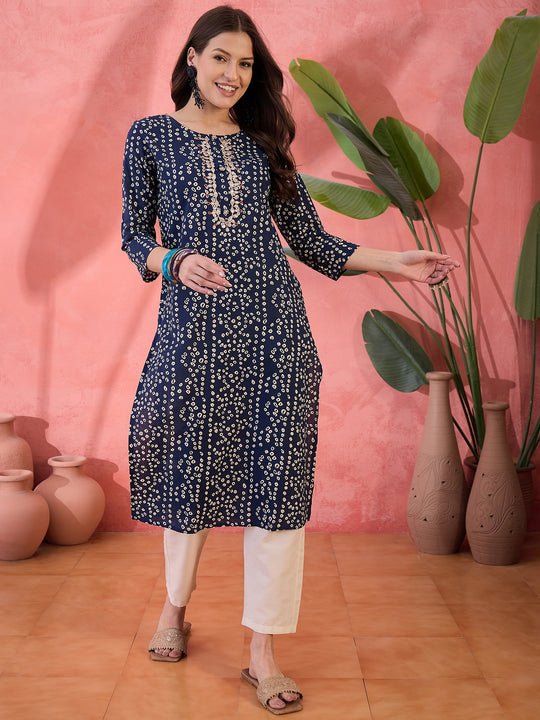 Blue Round Neck Printed Cotton Kurta