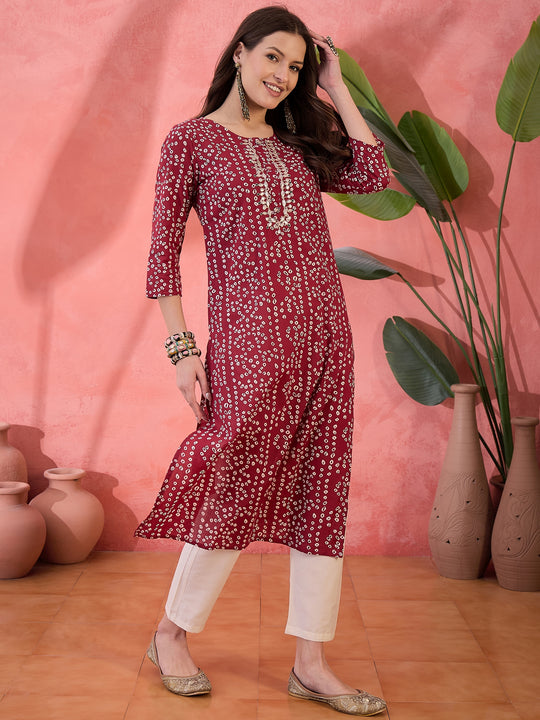 Red Printed Cotton Kurta for Women