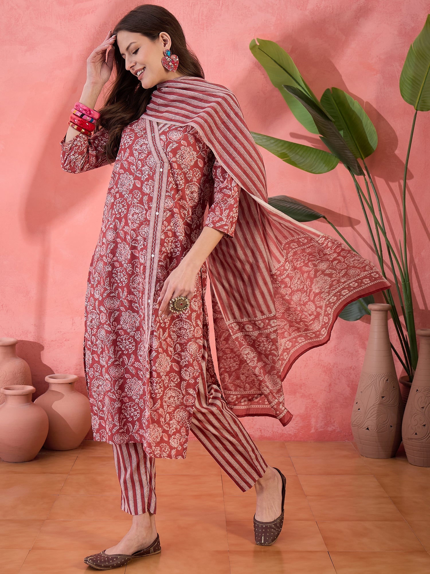 Red Floral Printed Kurta Set For Women