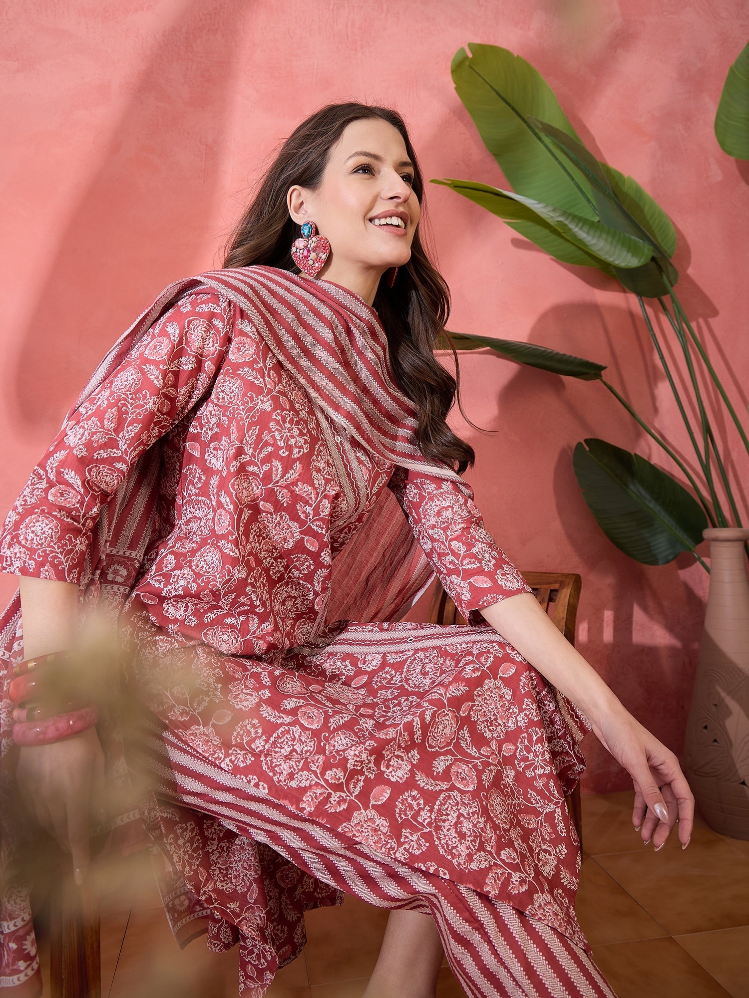 Red Floral Printed Kurta Set For Women