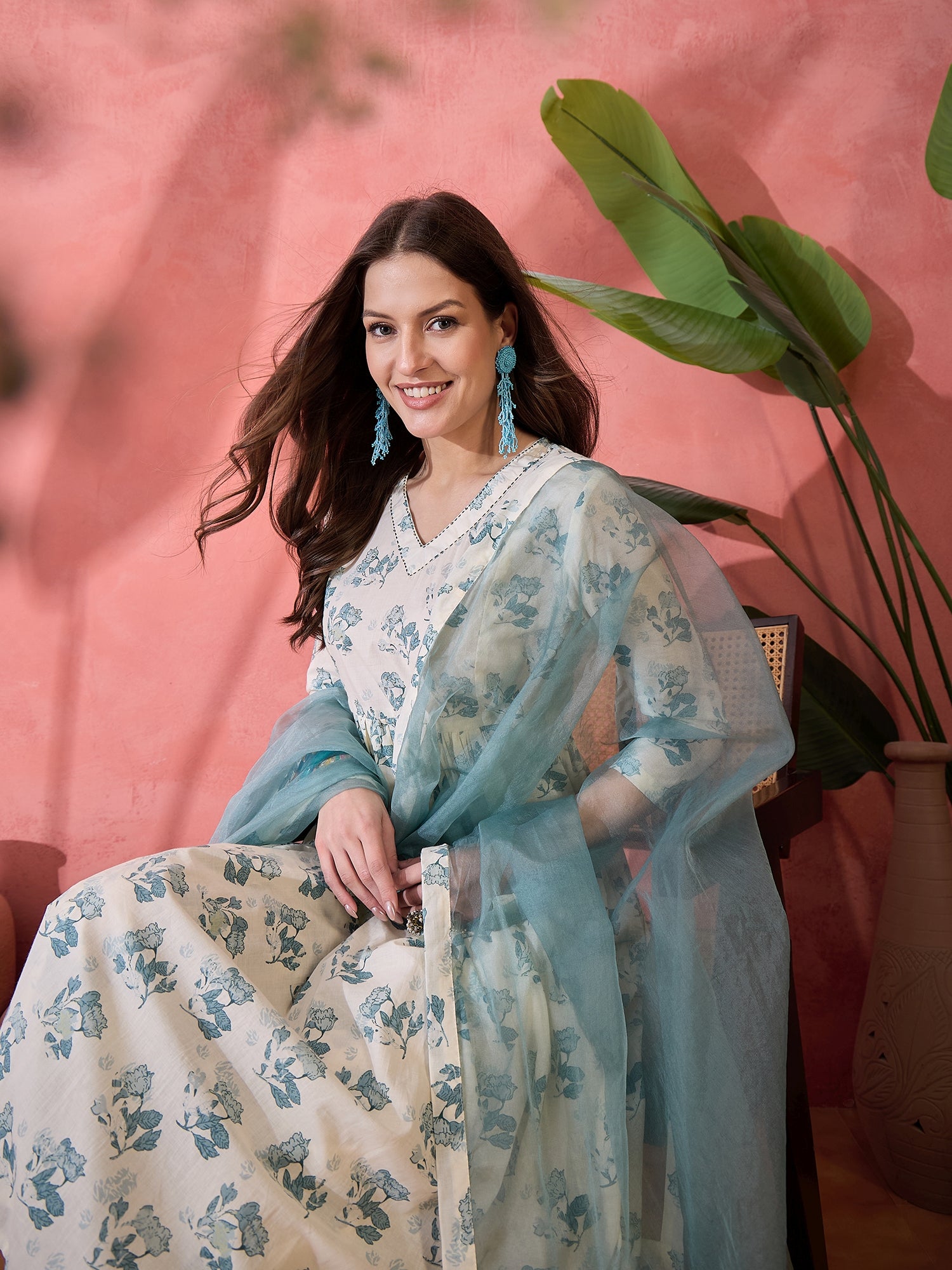 Off White Floral Printed Kurta Set for Women