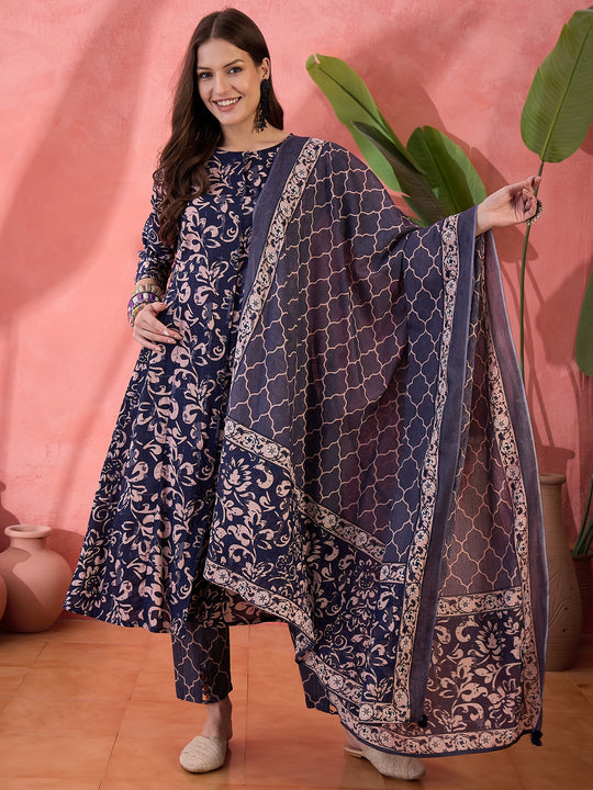 Blue Floral Printed Cotton Kurta Set with Dupatta