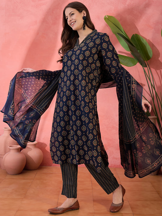 Navy Blue ethnic motifs Printed Cotton Kurta Set for Women