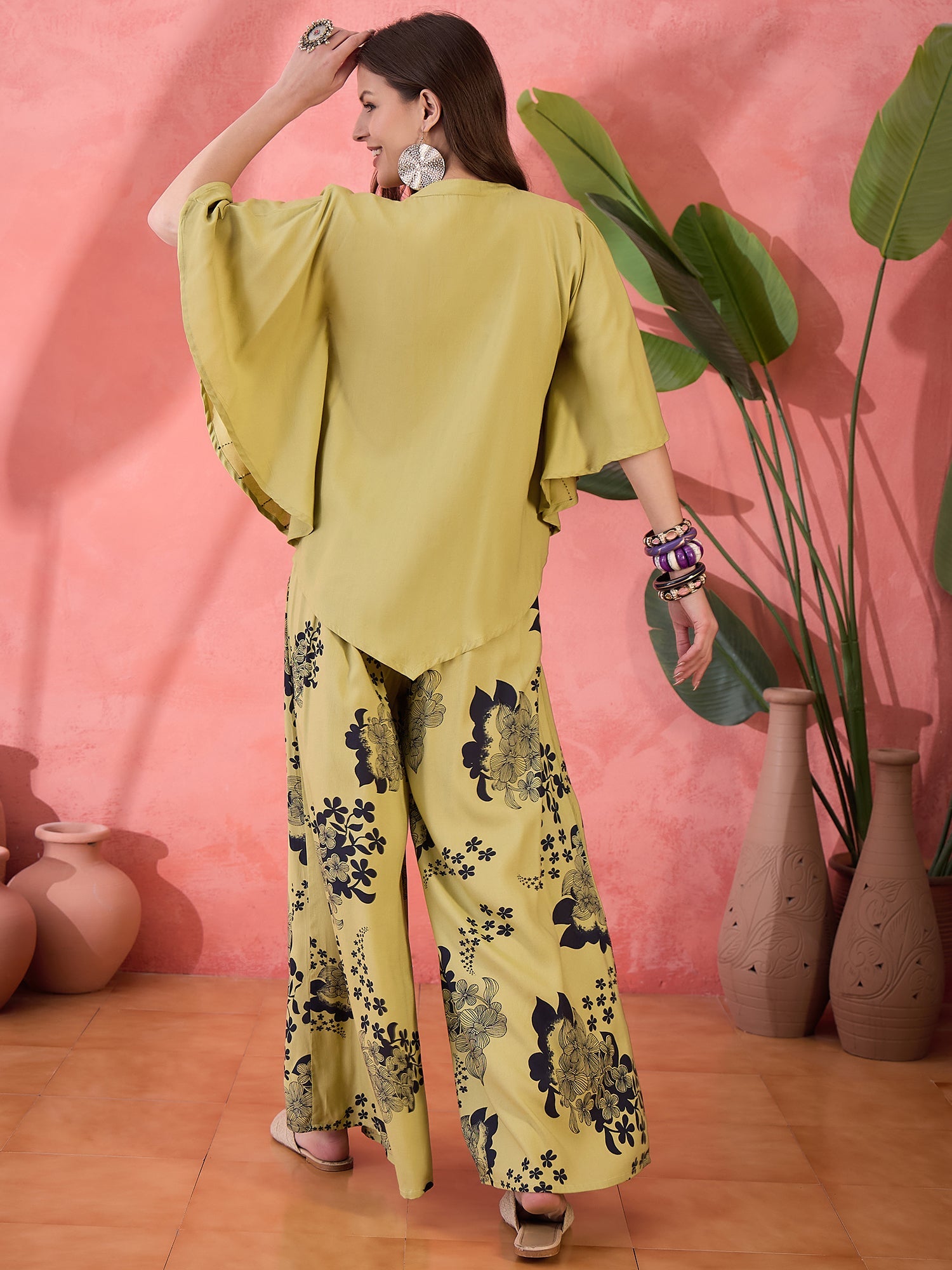 Lime Green Floral Printed Co-ords Set - SanskrutiHomes 