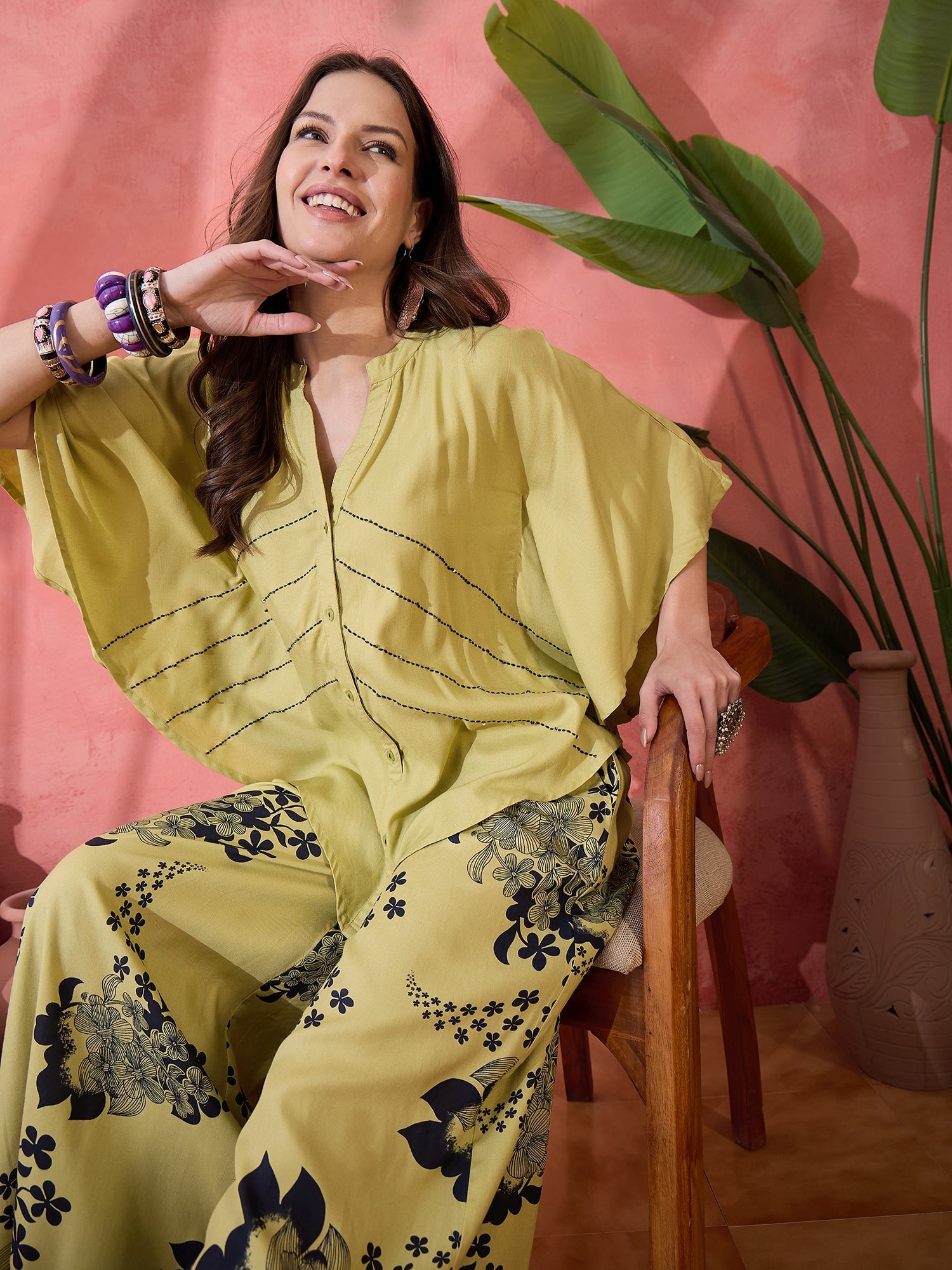 Lime Green Floral Printed Co-ords Set - SanskrutiHomes 