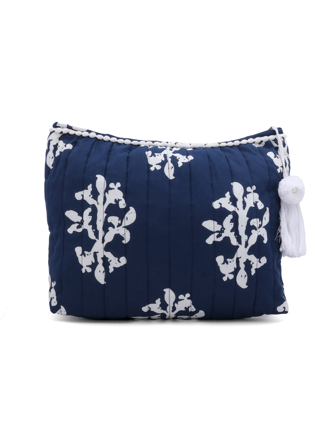 Blue Blockprint Cotton Quilted Pouch Bag with Tassels