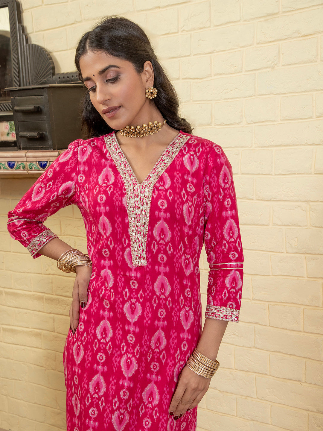 Pink Flower Printed V Neck Cotton Kurta Set