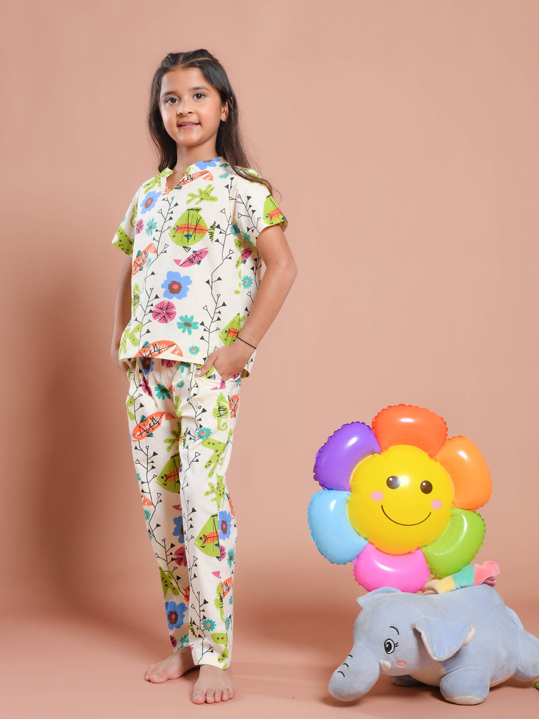 White Floral Printed Round Neck Night Suit Set