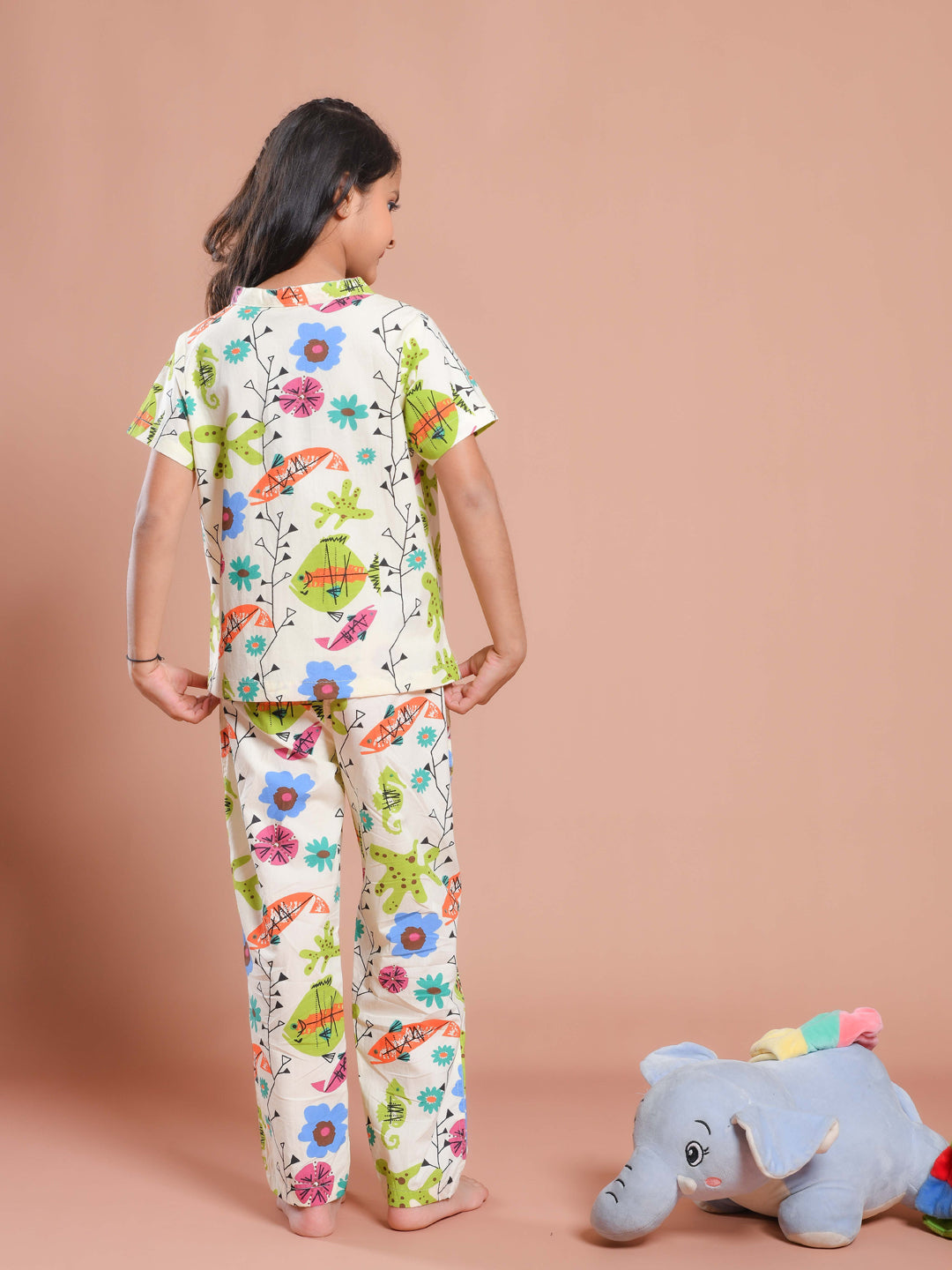 White Floral Printed Round Neck Night Suit Set