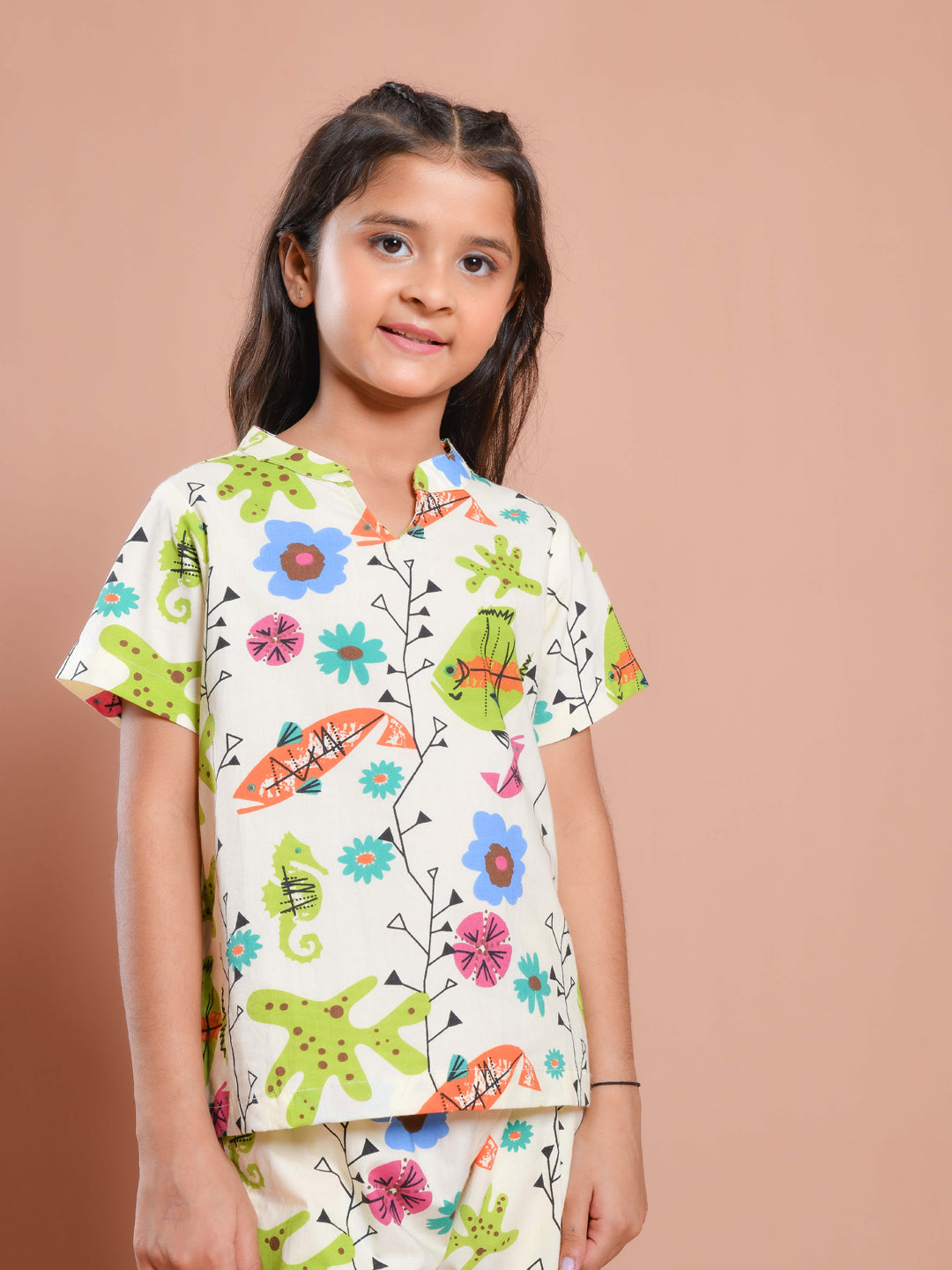 White Floral Printed Round Neck Night Suit Set