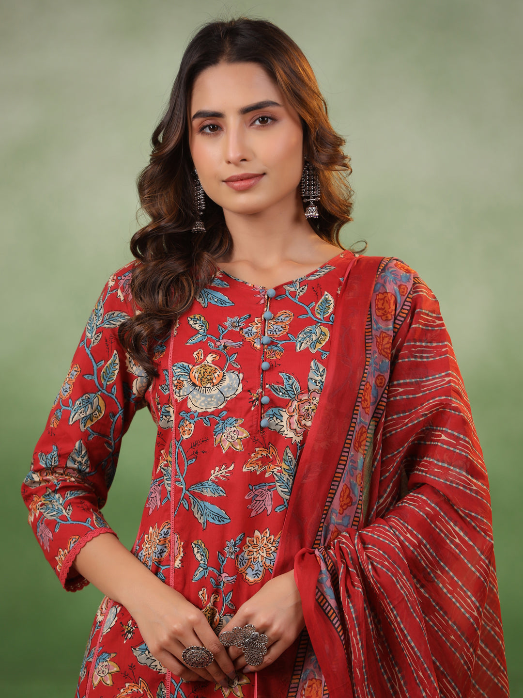 Maroon Cotton Round Neck Floral Printed Kurta Set for Women