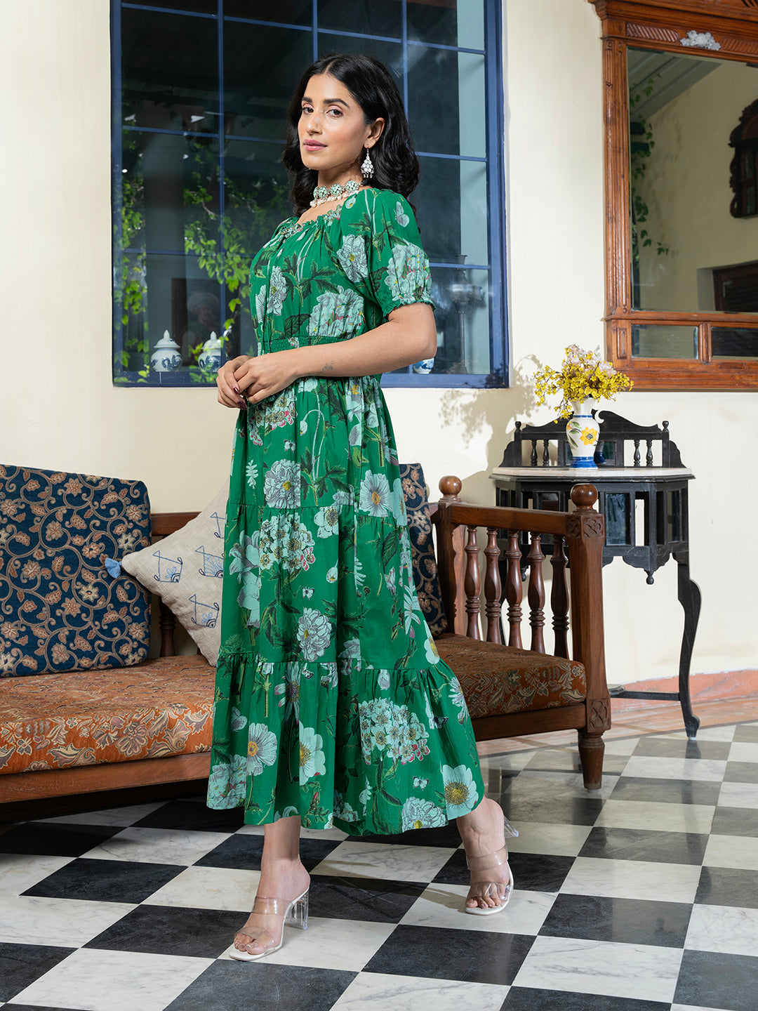 Green Floral Printed Square Neck Cotton Tiered Fit and Flare Ethnic Dress For Women