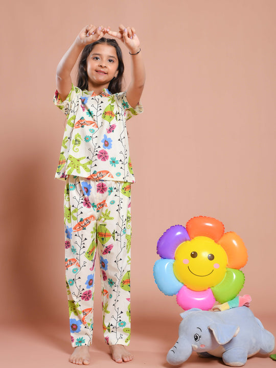 White Floral Printed Round Neck Night Suit Set