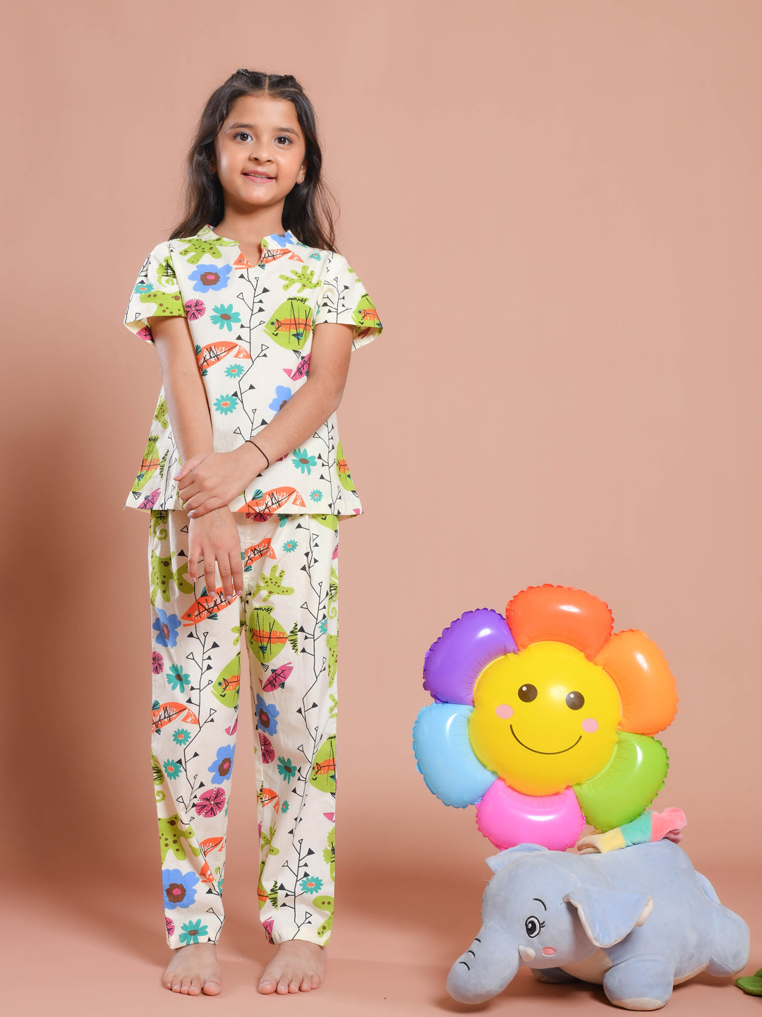 White Floral Printed Round Neck Night Suit Set