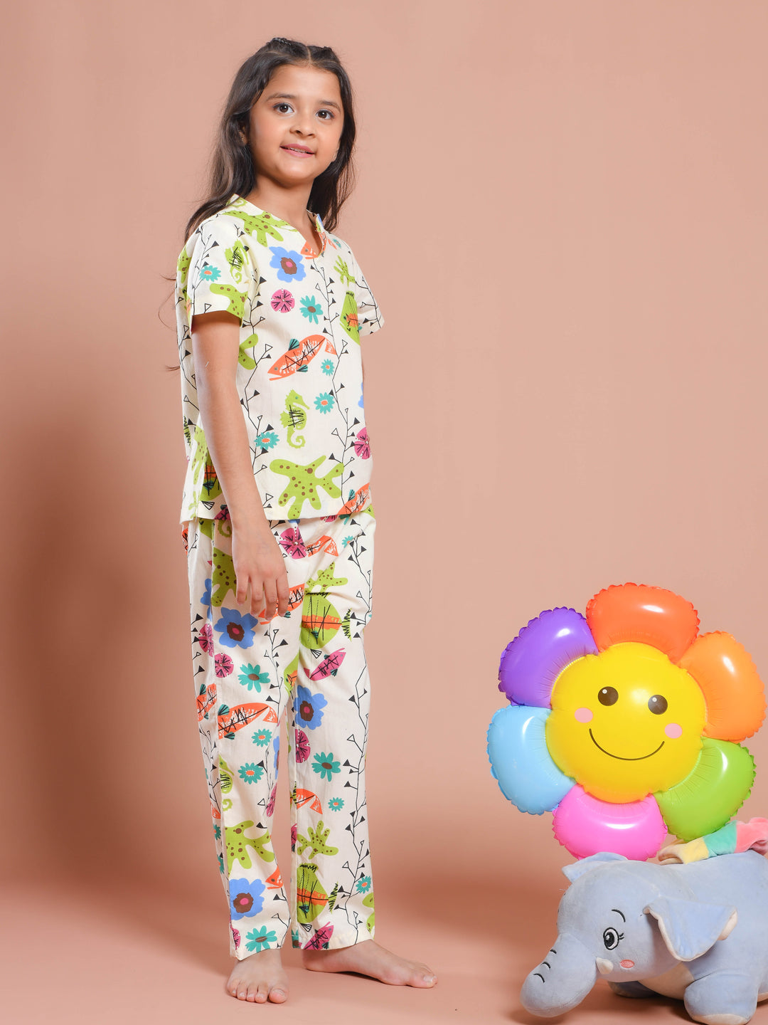 White Floral Printed Round Neck Night Suit Set