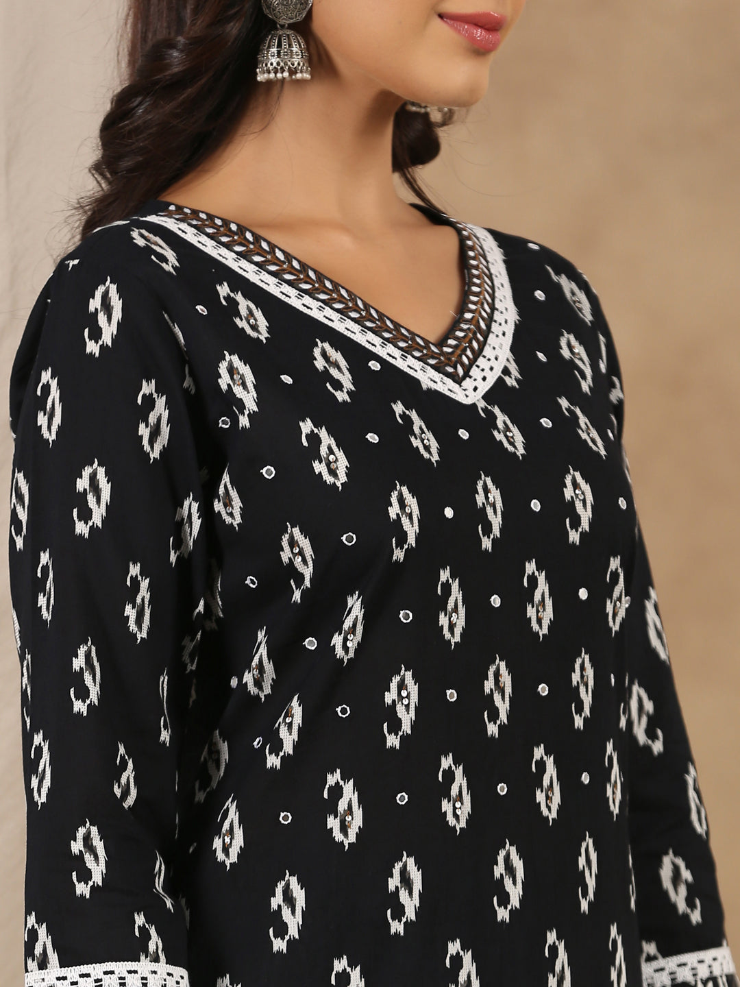 Black V-Neck Ethnic Motifs Print Pure Cotton Kurta With Trousers & Dupatta