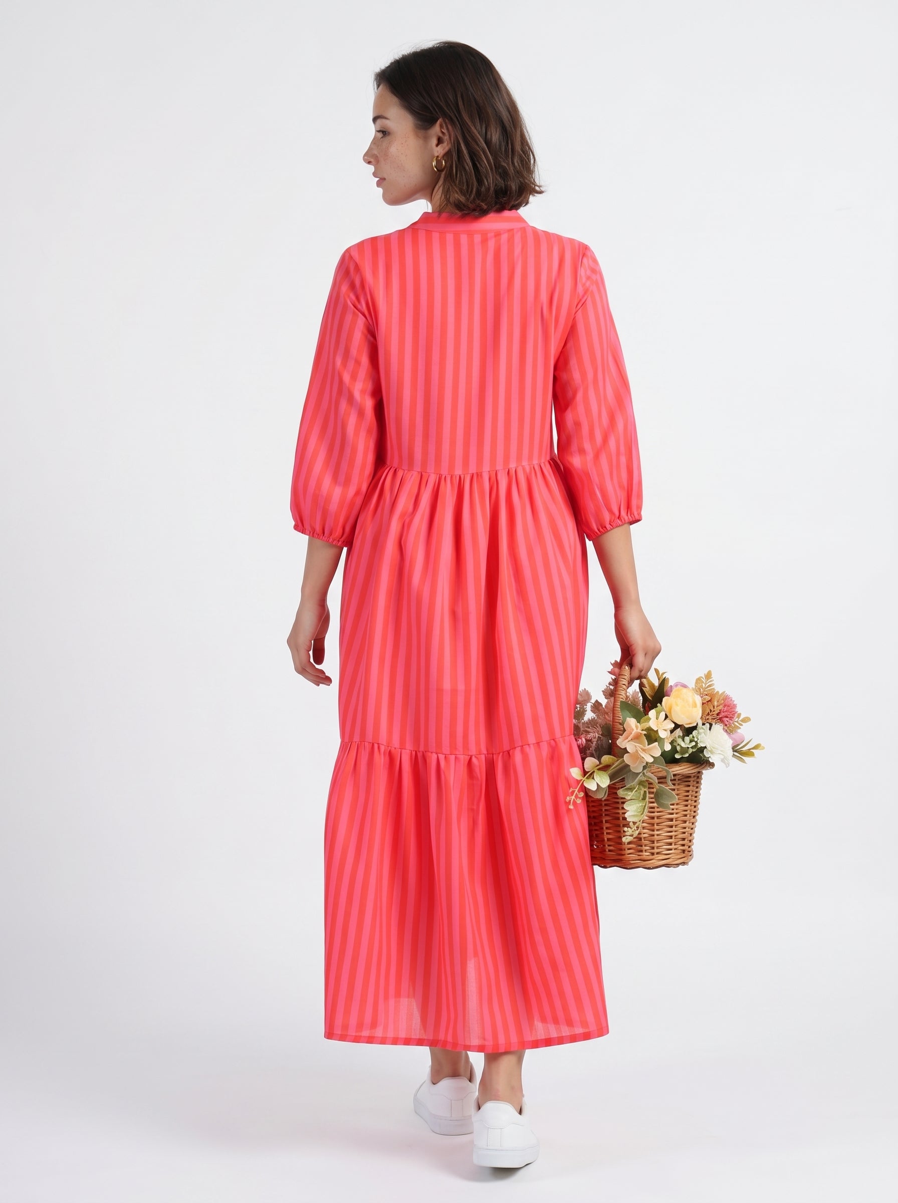 Pink Round Neck Striped Flared Cotton Dress For Women