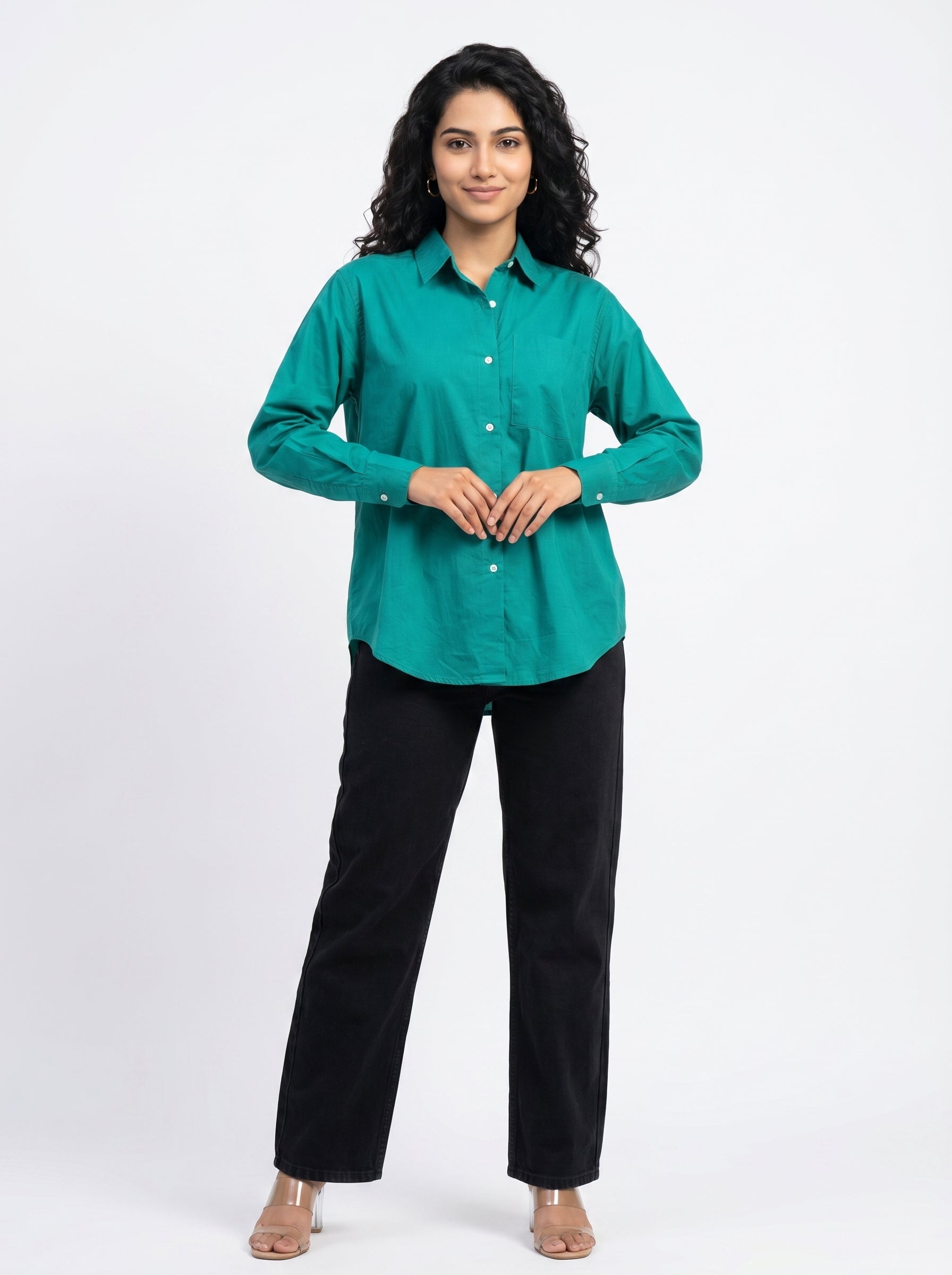 Teal Spread Collar Full Sleeve Solid Cotton Shirt For Women