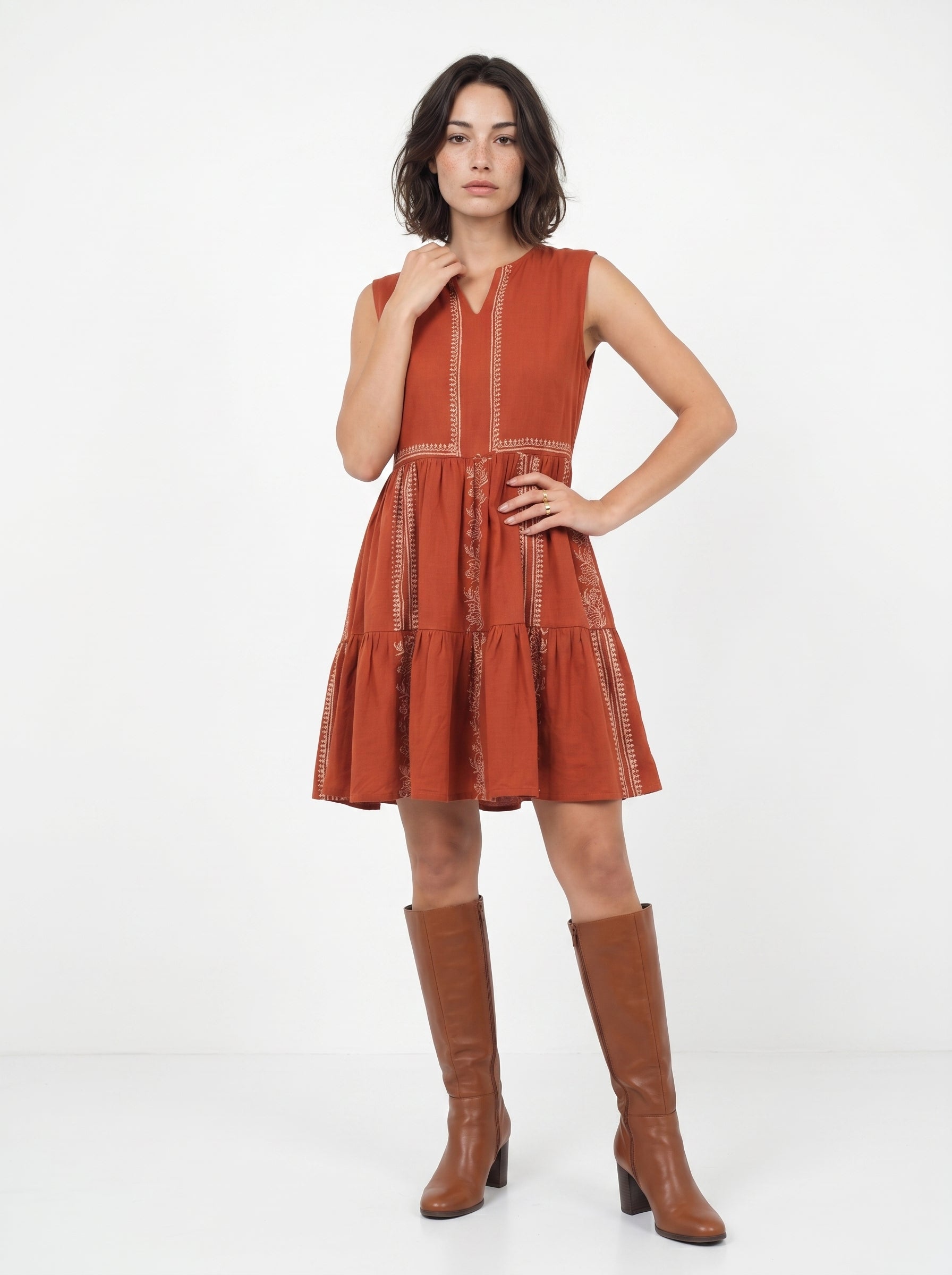 Rust Printed Shoulder Straps Sleeveless Midi Dress For Women