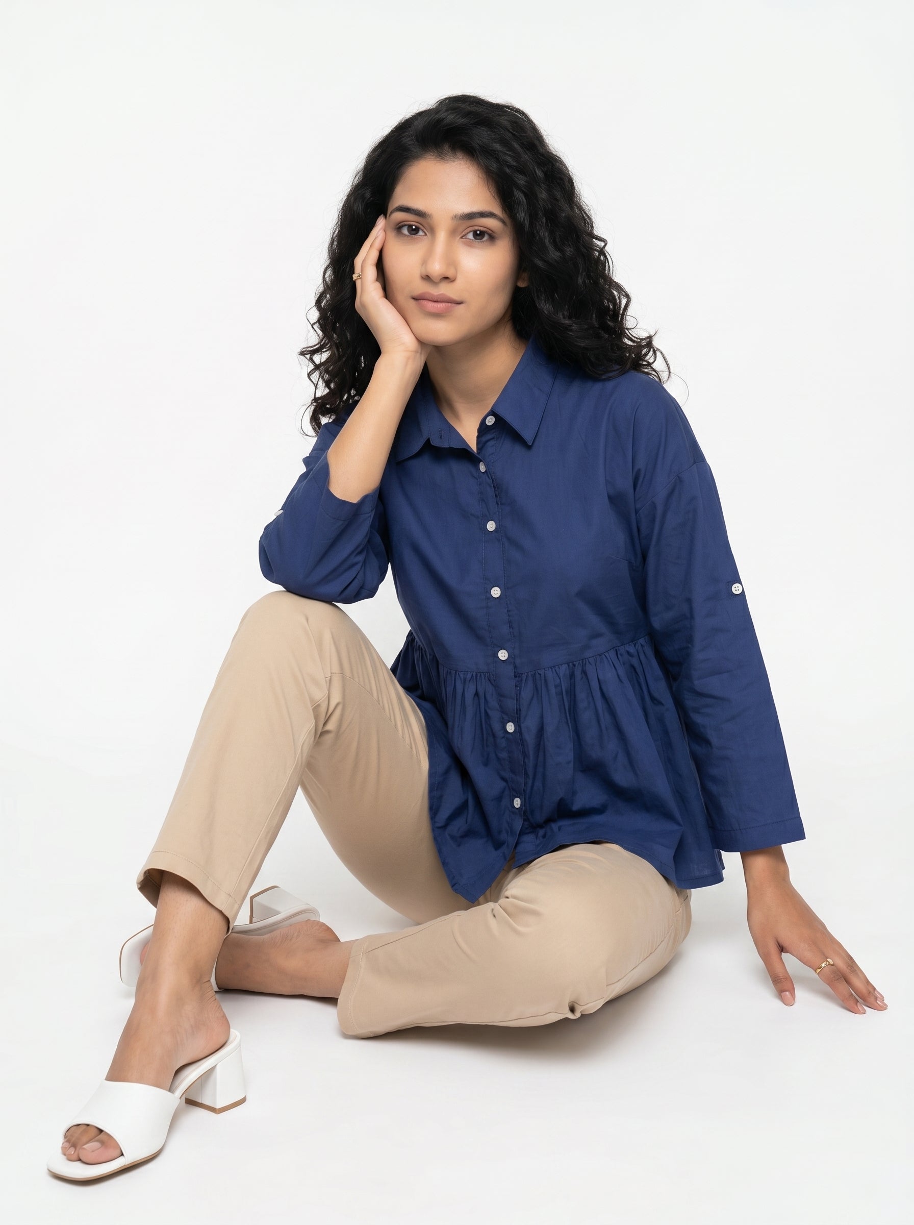 Blue Solid Spread Collar Cotton Shirt For Women