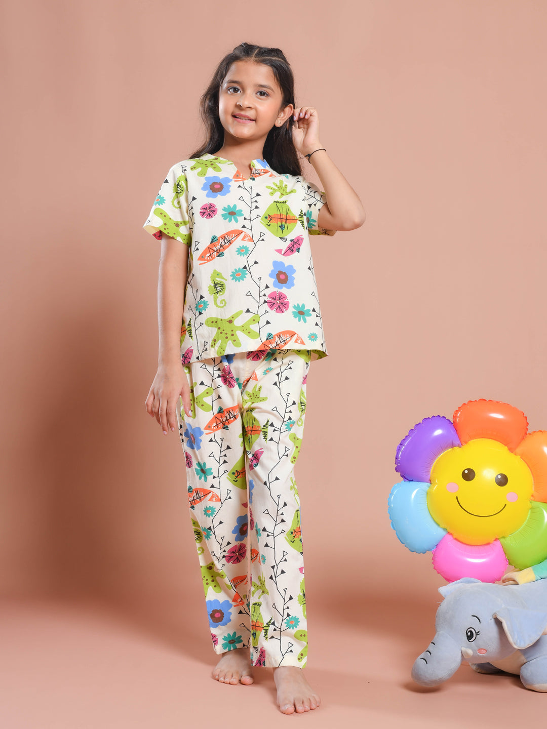 White Floral Printed Round Neck Night Suit Set