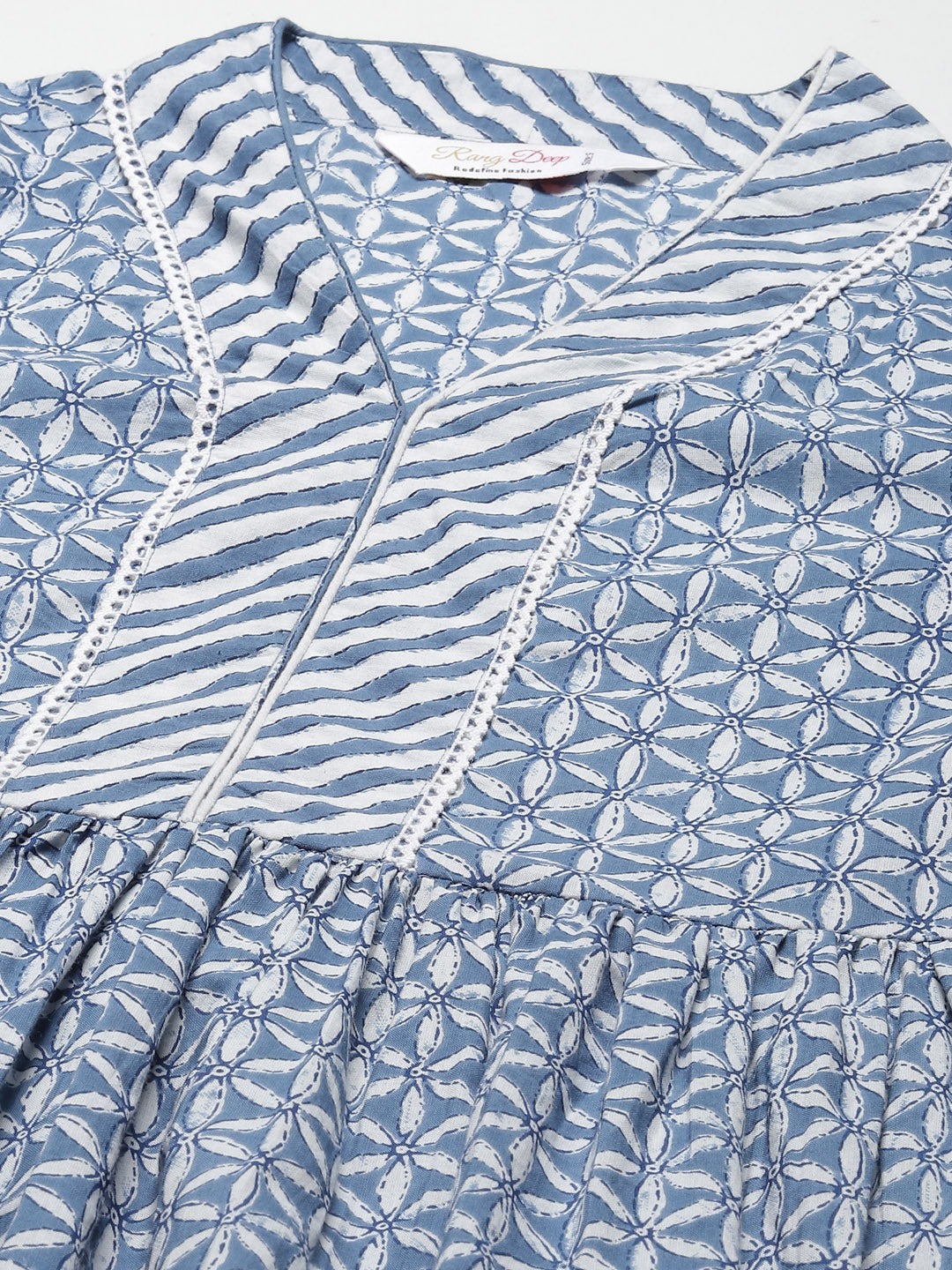 Blue Pure Cotton Floral Printed V-Neck Kurta Set With Dupatta