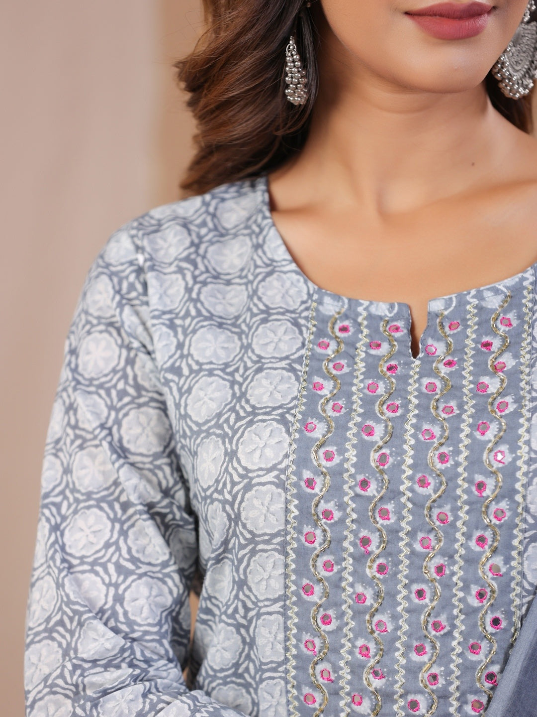 Women Grey Ethnic Motifs Printed Beads And Stones Pure Cotton Kurta With Trousers & With Dupatta