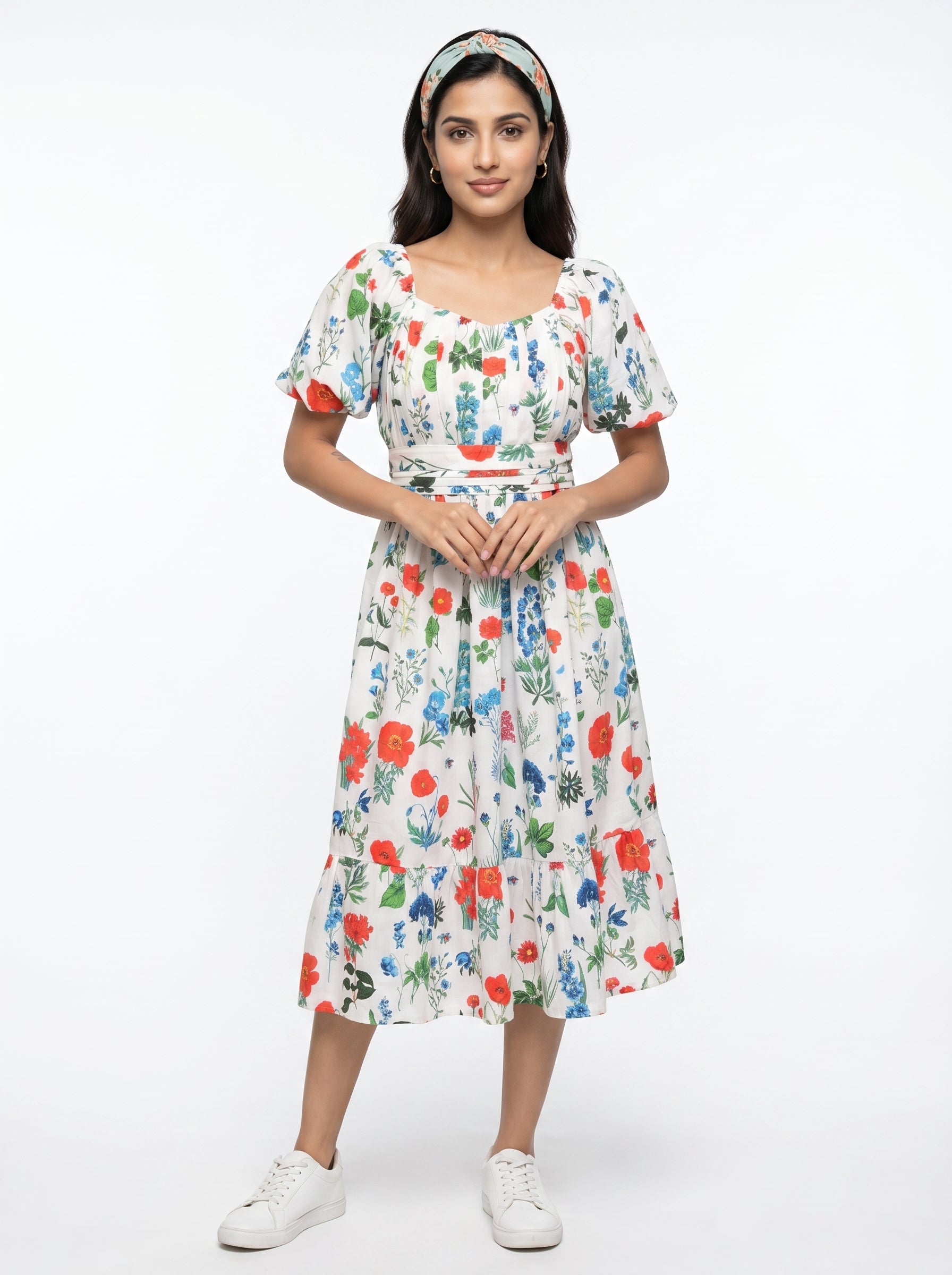 White Round Neck Floral Print Flared Pure Cotton Dress For Women