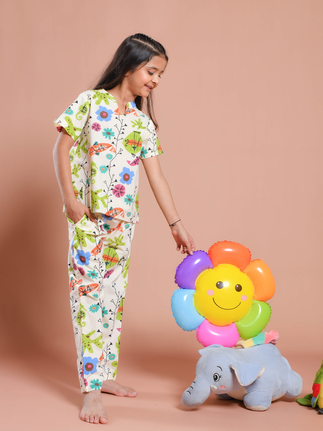 White Floral Printed Round Neck Night Suit Set