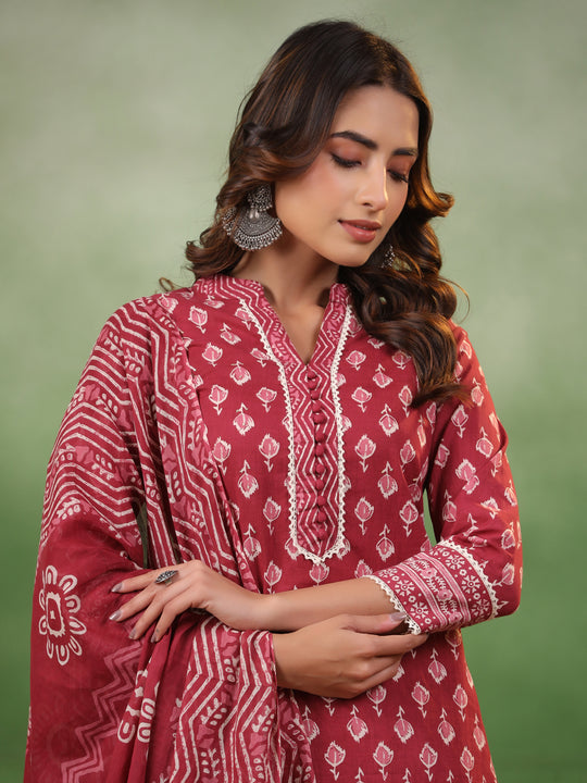 Red Floral Printed Kurta Set with Dupatta