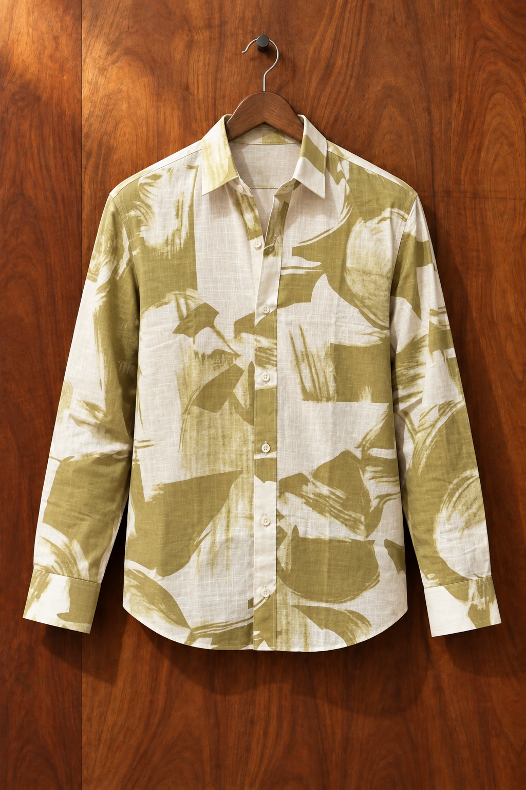 Green Band Collar Abstract Print Cotton Long Sleeve Shirt For Men