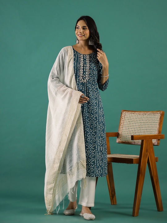 Green Printed Round Neck Kurta