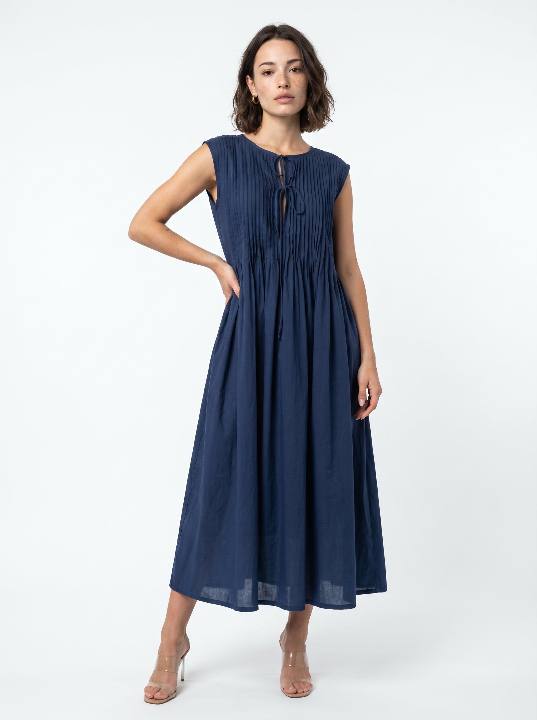 Navy Blue Solid Round Neck Flared Cotton Dress For Women