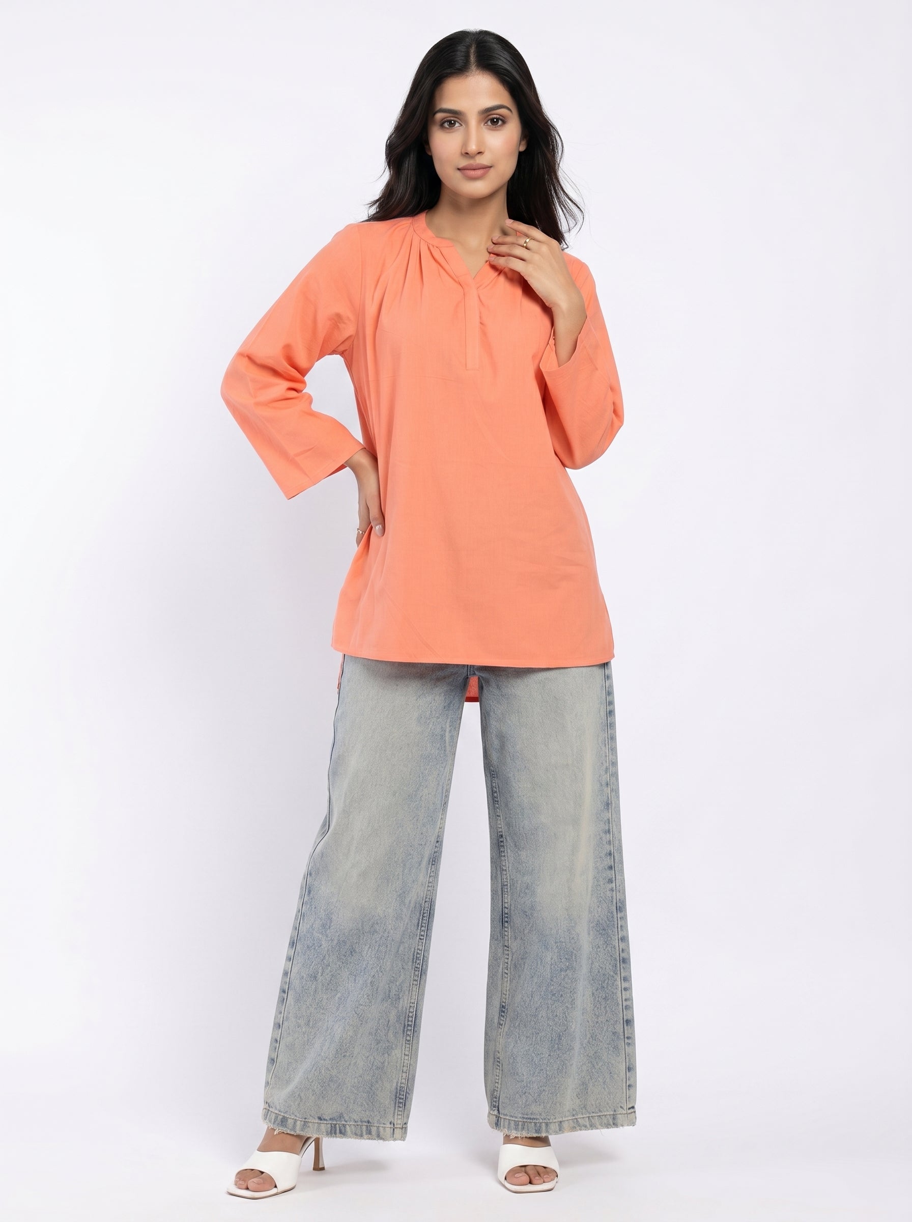 Orange Solid Mandarin Collar Pure Cotton Top For Women
