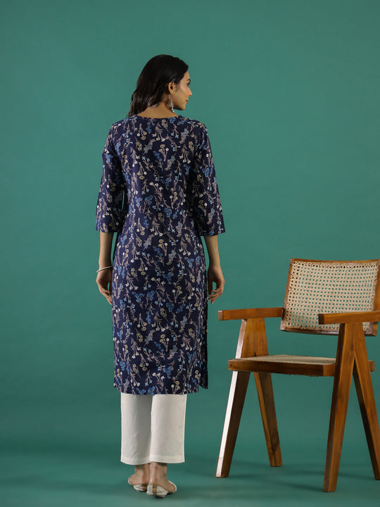Navy Blue Floral Printed Kurta for Women