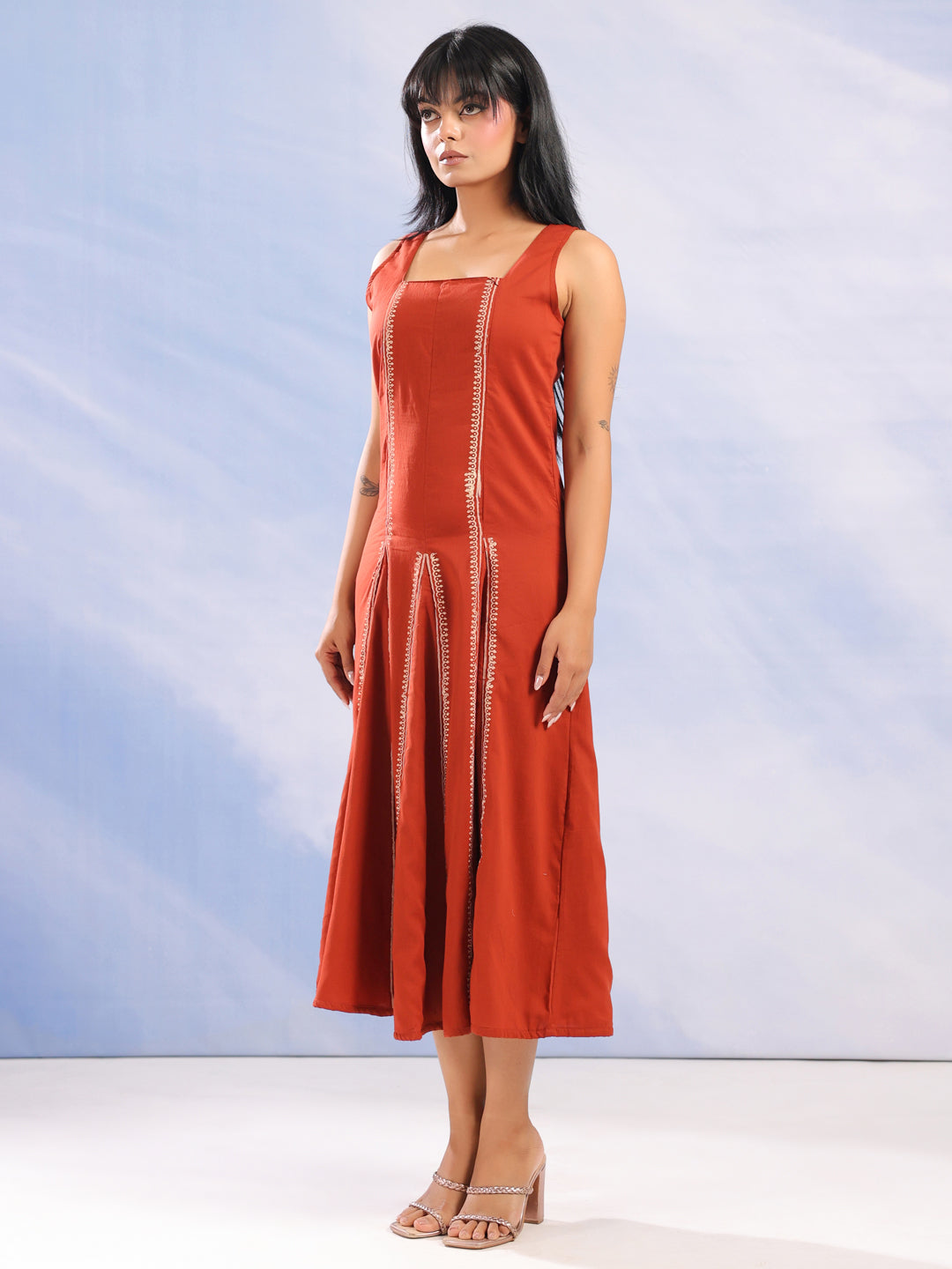 Rust Square Neck Printed Maxi Flared Cotton Dress For Women