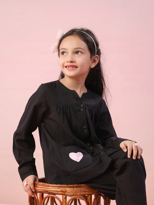 Black Round Neck Cotton Night Suit for Kids